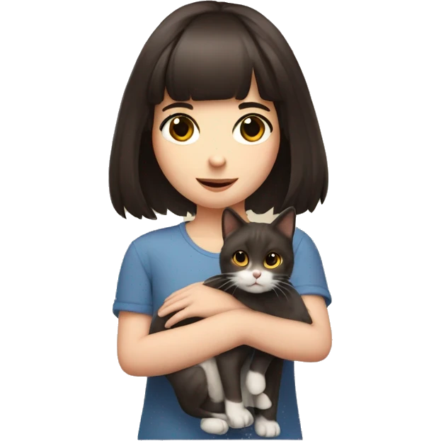 A pale girl with dark brown hair and dark brown eyes and bangs holds a cat in her hands and looks at her emoji