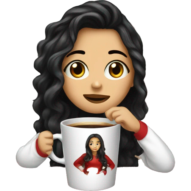 a white girl wirh a wavy black hair drinking coffe with ª christmas pijama  emoji