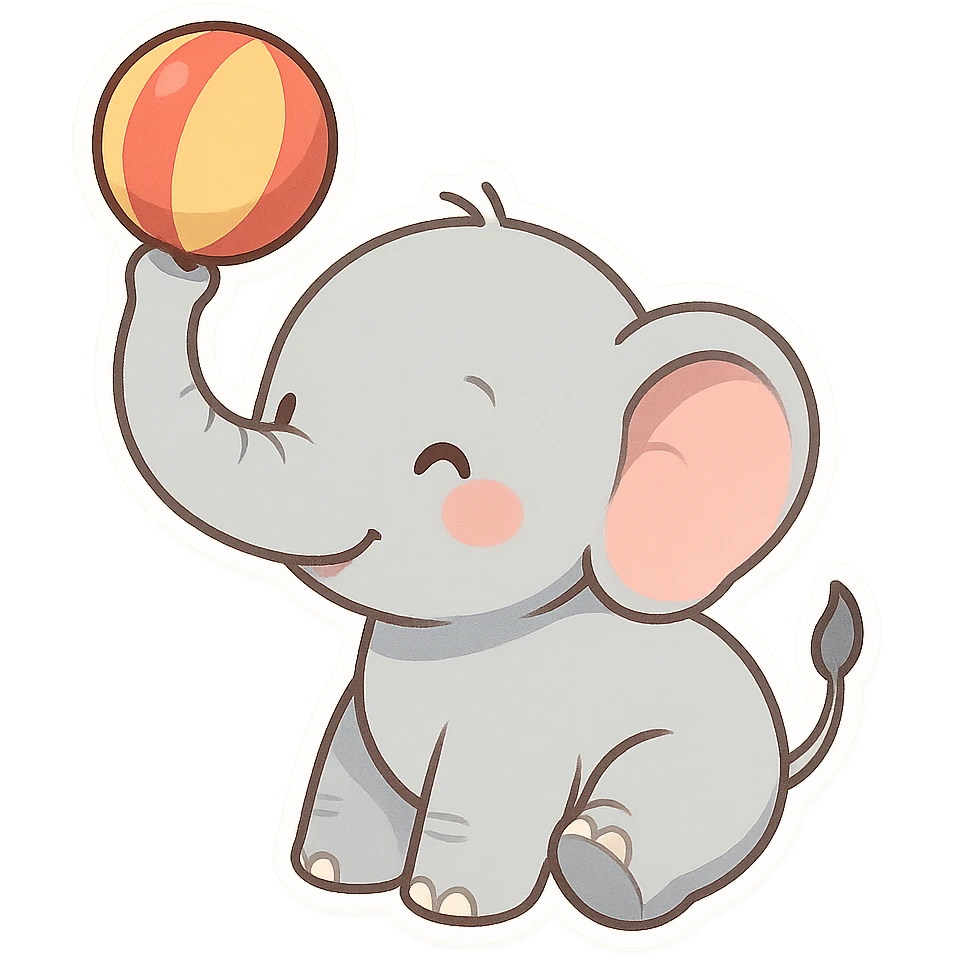 一只可爱的大象，鼻子上顶着一个球 emoji