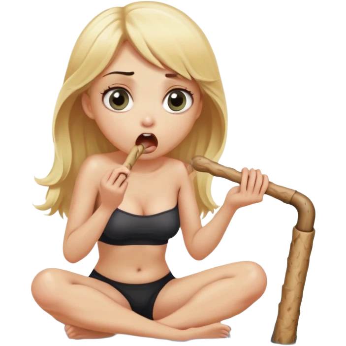 blond woman sitting on her knees with wide eyes, holding a wide skin-colored stick with a D-shaped knob, the stick and the nob have skin texture, water squirting from the knob into her mouth, shocked face emoji