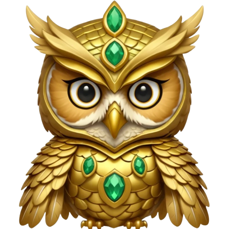 owl warrior wearing golden armor embedded with emerald jewels emoji