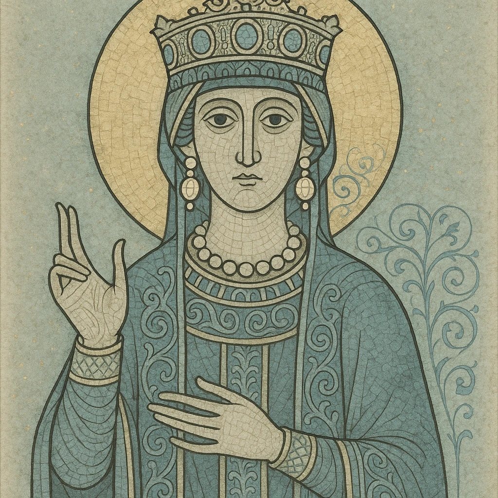 Empress Theodora in mosaic art style, stylized bust, geometric patterns, gold and blue tiles, traditional Byzantine iconography emoji