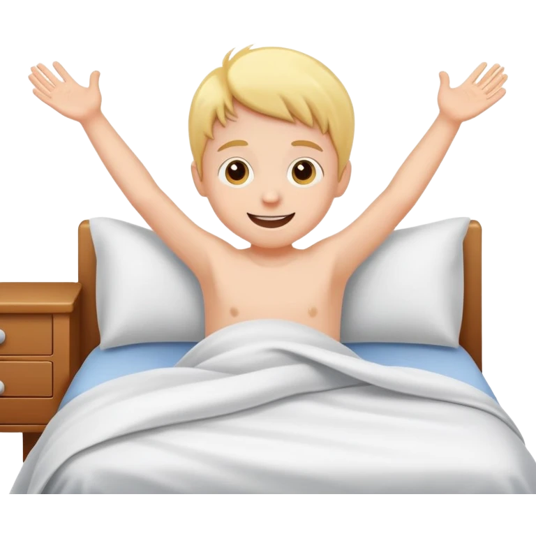child happily getting out of bed in the morning, bright and friendly emoji