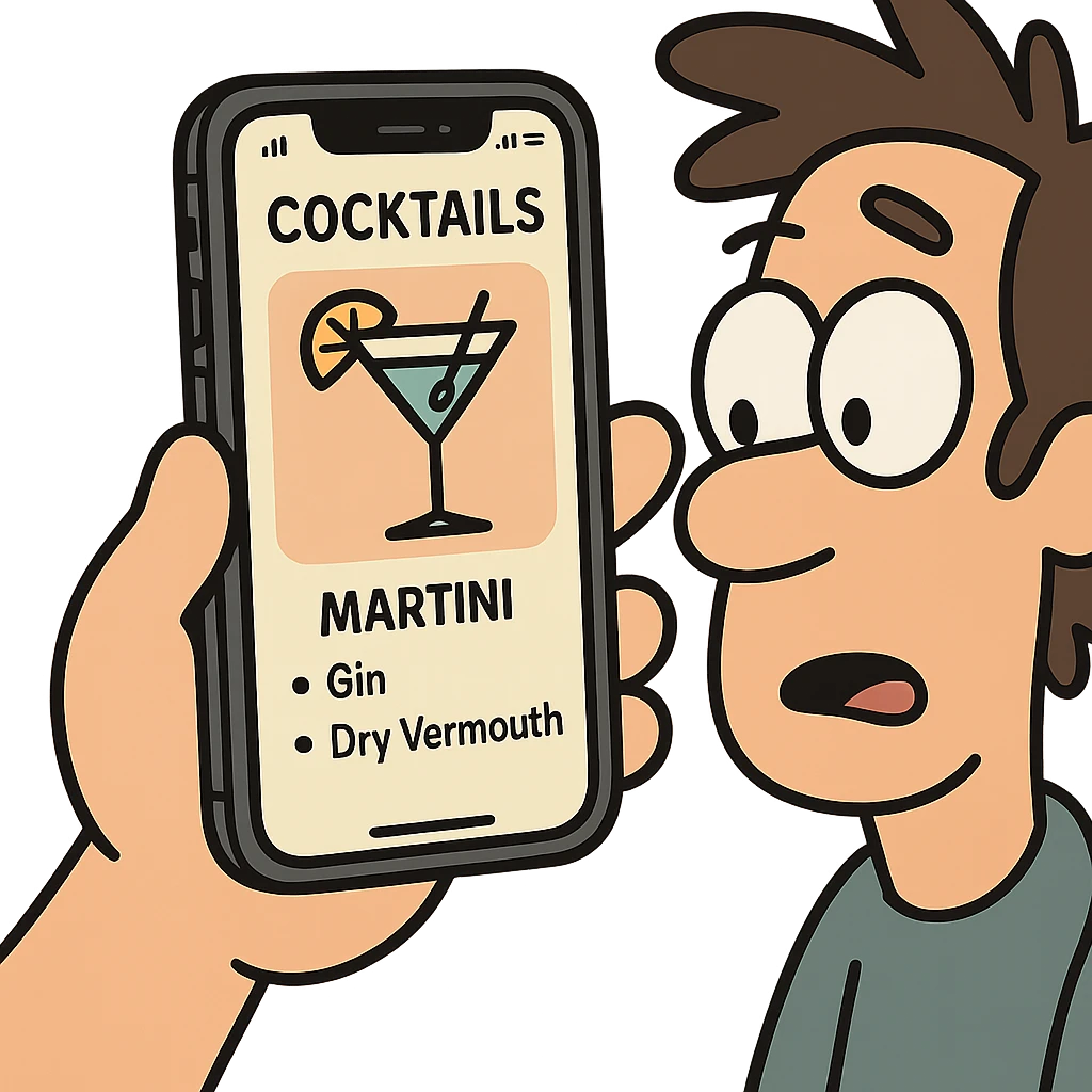 hand holding an iPhone with a cocktail app open, cartoon flat toon style emoji