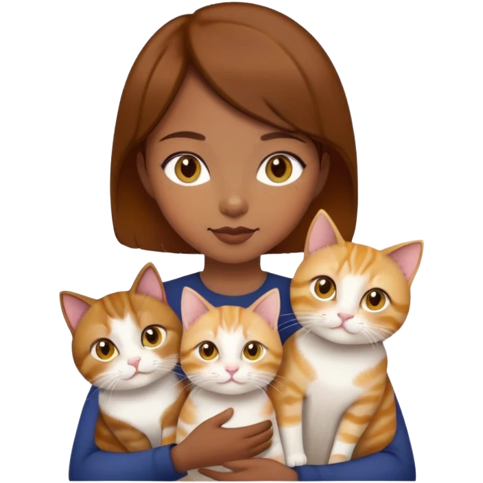 Asian girl, brown hair, brown eyes skin tone dark holding three cats one ginger, one yellow white one British short hair and cream colour emoji