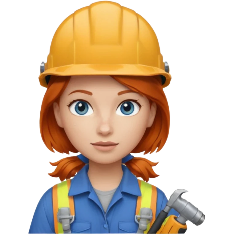 A ginger haired girl blue eyes, handyman Outfit, wearing a Helmet, with drill emoji