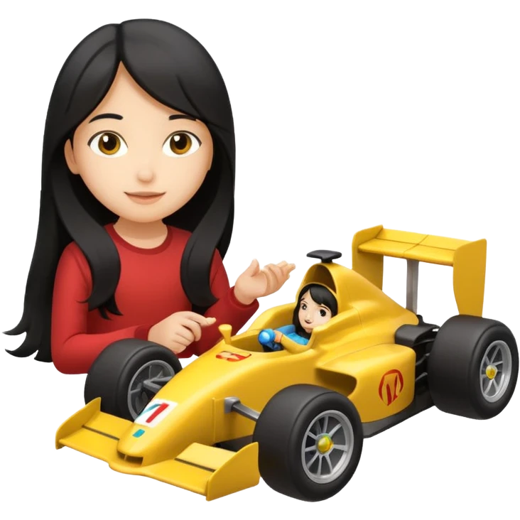 black long black haired girl kid playing yellow colored formula 1 car toy emoji
