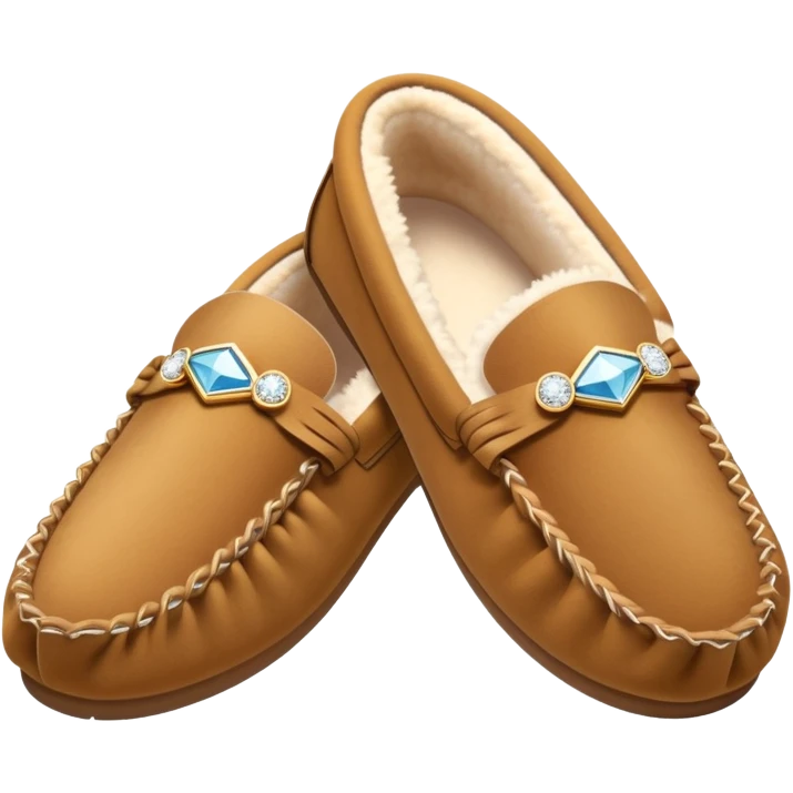 tan moccasins with diamond design and fluffy fur emoji