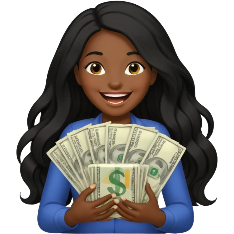 laughing dark long haired woman holding lots of money emoji