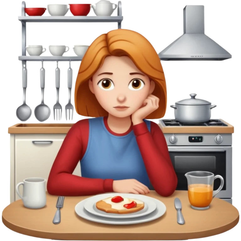 26-year-old woman at a small kitchen table with a single plate, looking pensive emoji