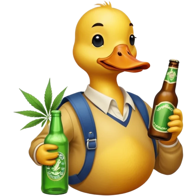 Drunk and high duck animal holding beed bottle and a bag of weed emoji