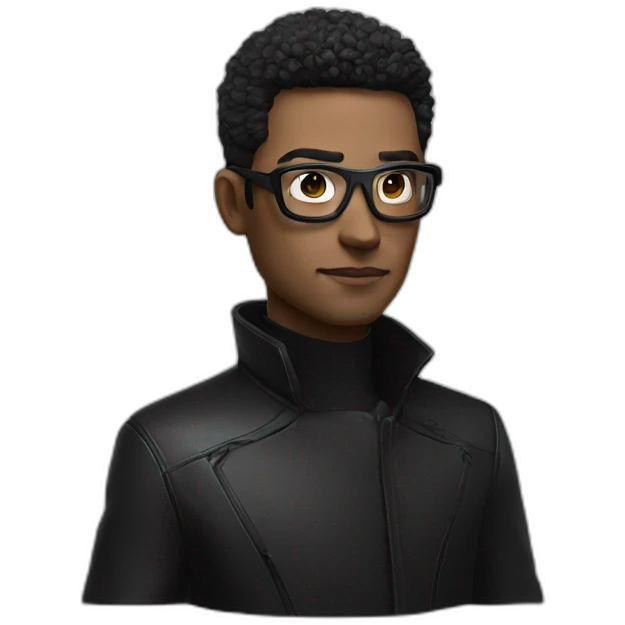 super realistic futuristic man, dressed in a black coat, futuristic black glasses, modern watch emoji