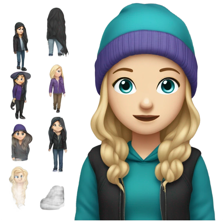 White girl, blue eyes, long teal hair, purple beanie hat, black hoodie, blue jeans, black shoes emoji