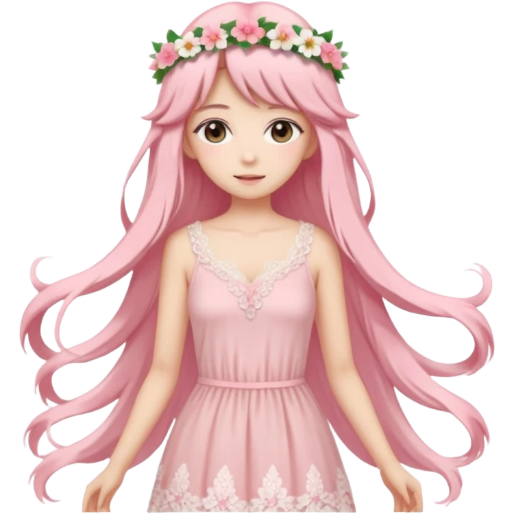 pastel anime woman with pink and white lace dress full body and long hair with flower crown emoji