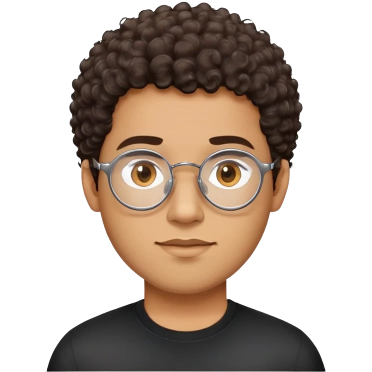 Man with oval face, large oval metallic glasses, short dark curly hair with high fade, neutral-friendly expression, light brown skin, wearing a black shirt emoji