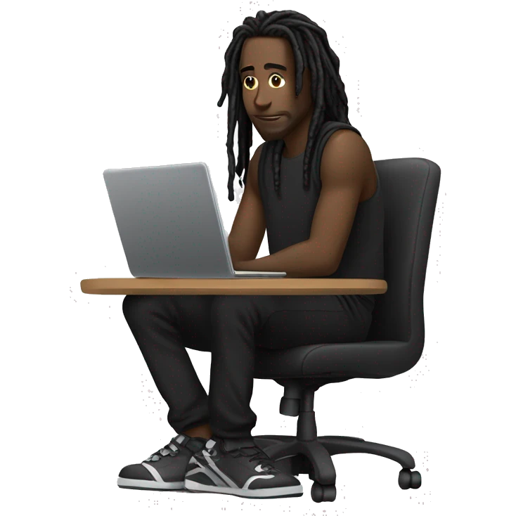 Black-guy-with-dreads-wearing-black-trackstuit-sitting-down-on-chair facing-foward-focused-on-laptop-computer- emoji