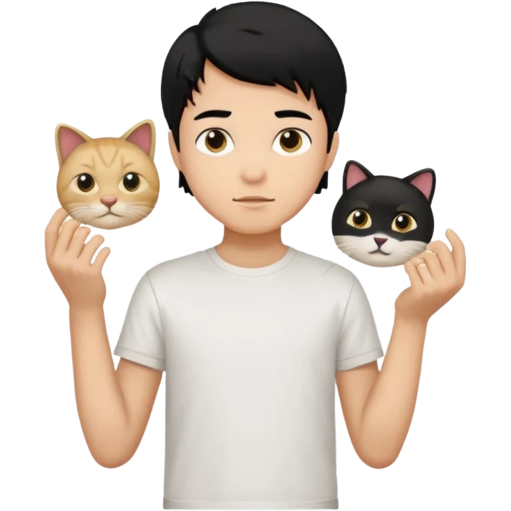 generate a pretty bratz emoji of a boy with black hair wearing a white tshirt and holding a cTCAT emoji