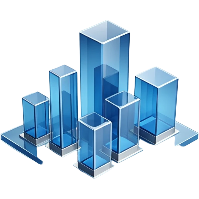 A minimalist 3D illustration of abstract glass buildings in blue tones, made of transparent glass-like materials with soft lighting and subtle reflections, isometric perspective, white background, futuristic architecture concept, volumetric light, clean render, high detail, no text emoji