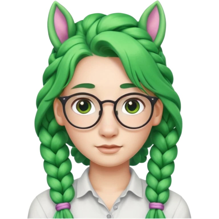 braided unicorn wiith big visible braids looking into the camera spectacled green hair and no ears emoji