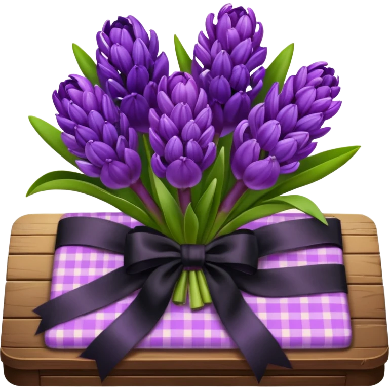 A lush bouquet of bright prple color Hyacinths black satin ribbon, resting on an antique wooden table, with a pale yellow and pink plaid pattern table cloth emoji