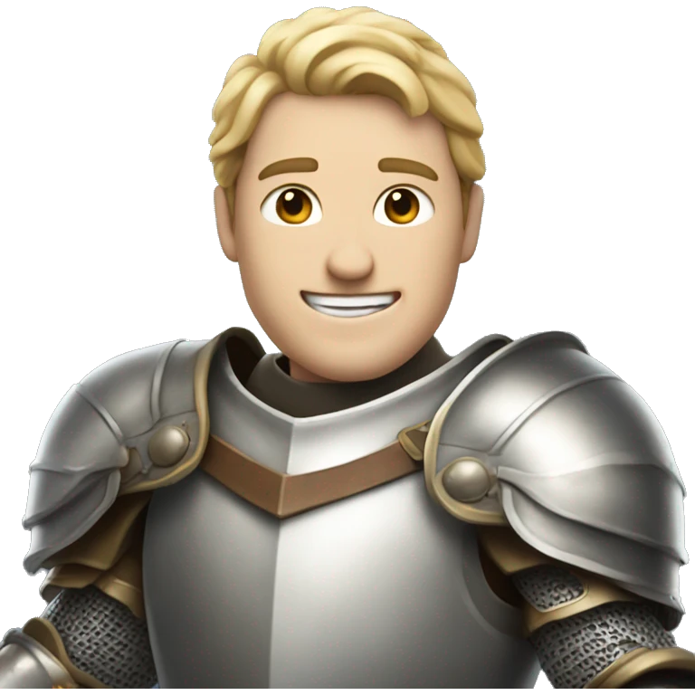a smiling white person knight with full armor, holding a sword, half body emoji
