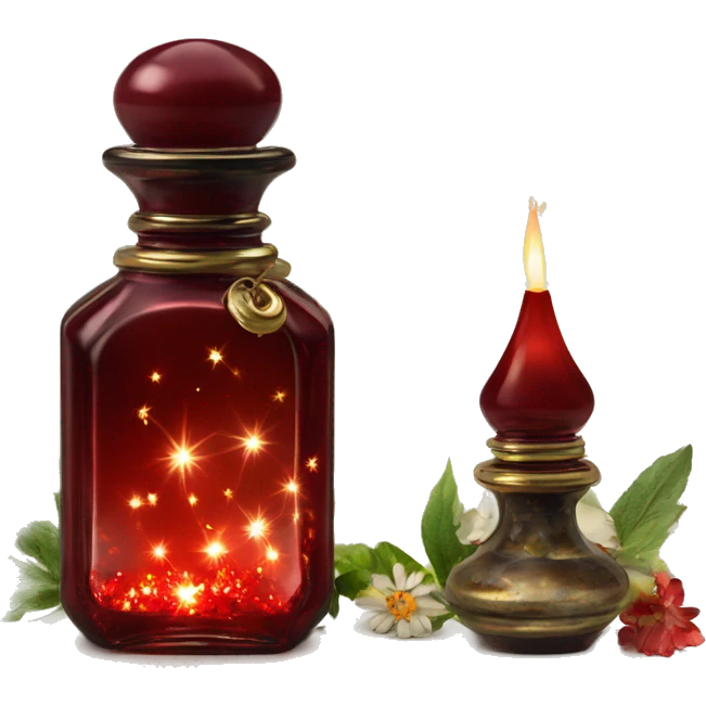 Dark red magic fairy light sparkling old Antique oil perfume bottle with herbal and flowers emoji