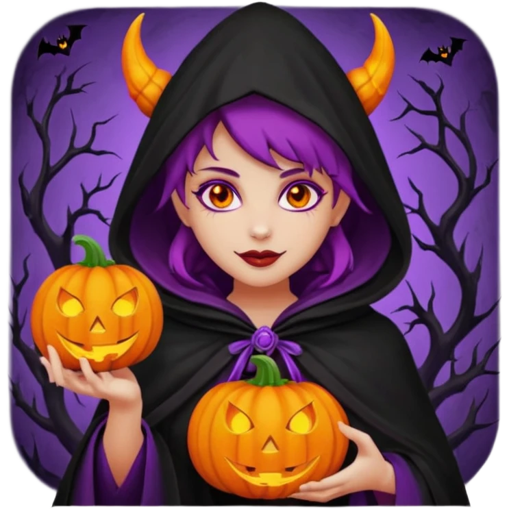 female-succubus-emoji,-red-skin,-purple-eyes,-elegant-face,-pumpkin-wreath-on-head,-black-hooded-cloak-with-cobweb-details,-holding-small-glowing-pumpkin-lantern,-halloween-fantasy emoji