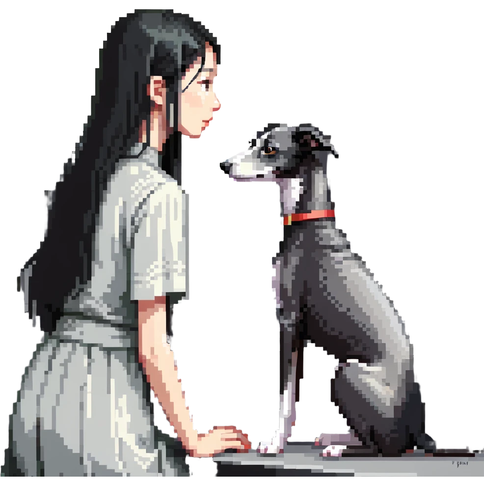 Slim Chinese girl with long black hair and her completely solid grey Italian greyhound looking out a window together on a snowy day, the dog has absolutely no white markings anywhere, completely uniform grey color throughout emoji