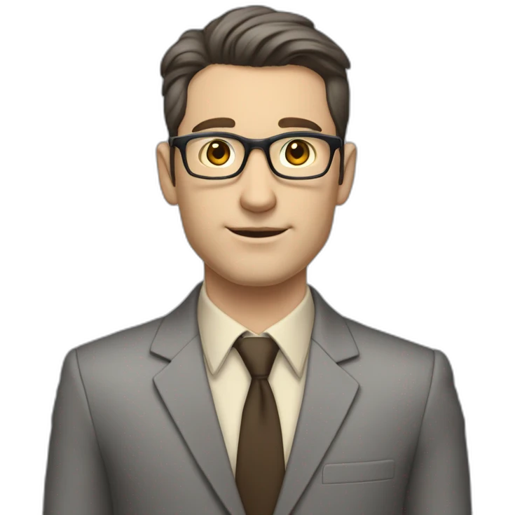 Full height Pale skinned Fit Man With dark brown hair in classic gray suit, beige office shirt, dark gray tie, and vintage glasses. His hands lock emoji