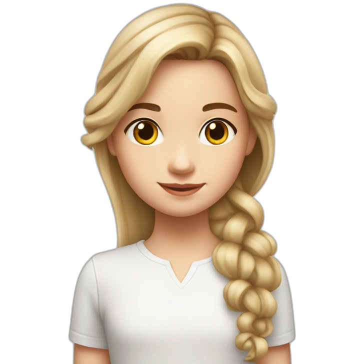 9 year old white girl with realy long brow waivy hair wearing a white shirt with black letters emoji