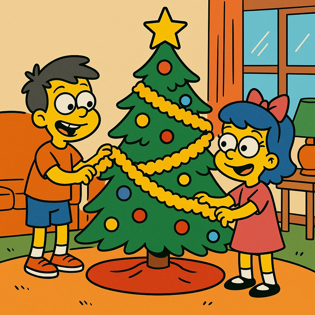 little children decorating a Christmas tree in the living room with tinsel emoji
