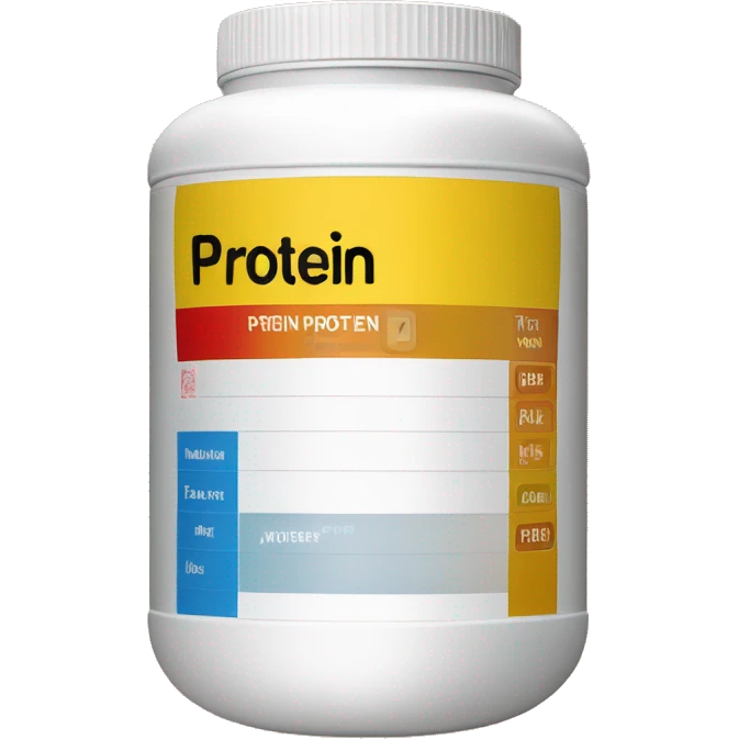 Emoji of a protein powder container, cylindrical with a screw-top lid and the word 'Protein' on the label. Bright colors, minimalistic, high contrast, and easy to recognize emoji
