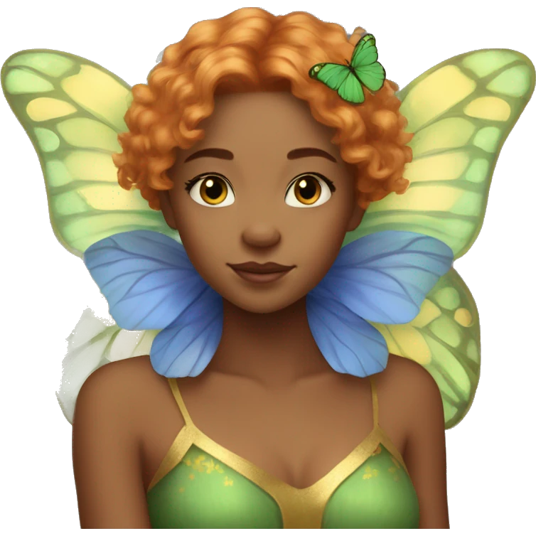 Beautiful, cornflower, fairy, green, gold, chest length ginger hair, big green and gold butterfly wings emoji