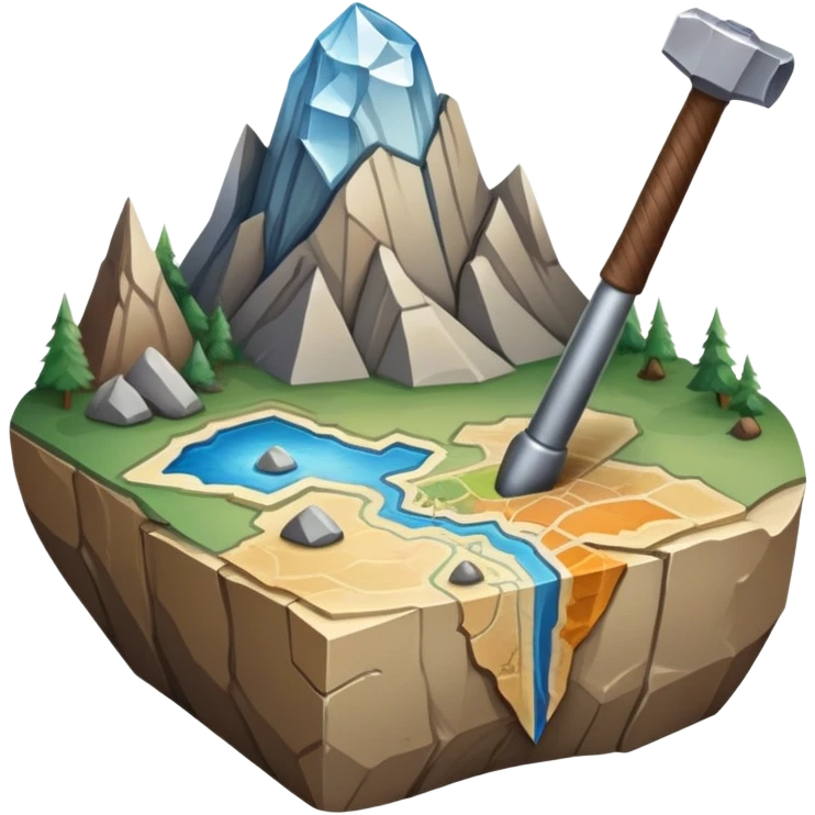 An icon featuring a rock hammer, a fossil, and a geological map, symbolizing geology. The design includes layers of the Earth, a crystal, and a mountain range, representing the study of Earth's structure, materials, and natural processes. Transparent background highlights geological research emoji