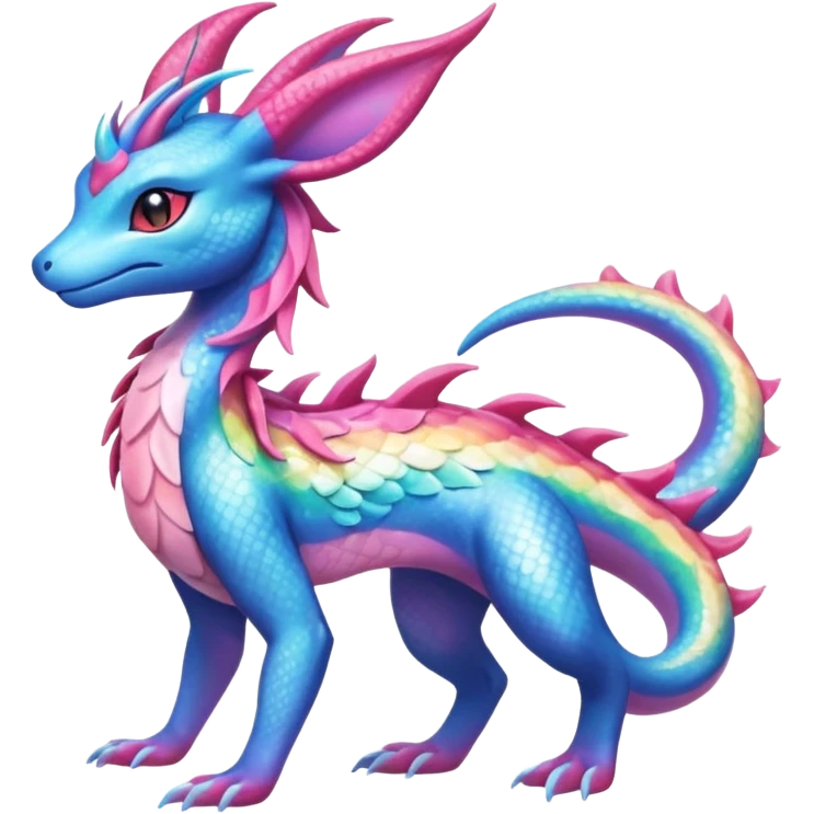 Shiny Sparkly beautiful gorgeous ethereal Rainbow Scaley Exotic Salandit-Aurorus-Sylveon-Suicune-Fakémon-hybrid-creature (full body) emoji