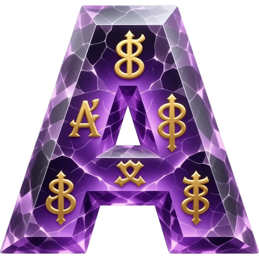A hyper-realistic 3D letter 'A' carved from translucent purple amethyst, filled with glowing internal fractures and floating gold runes. Volumetric lighting, cinematic glow, dark background, 8k resolution. emoji