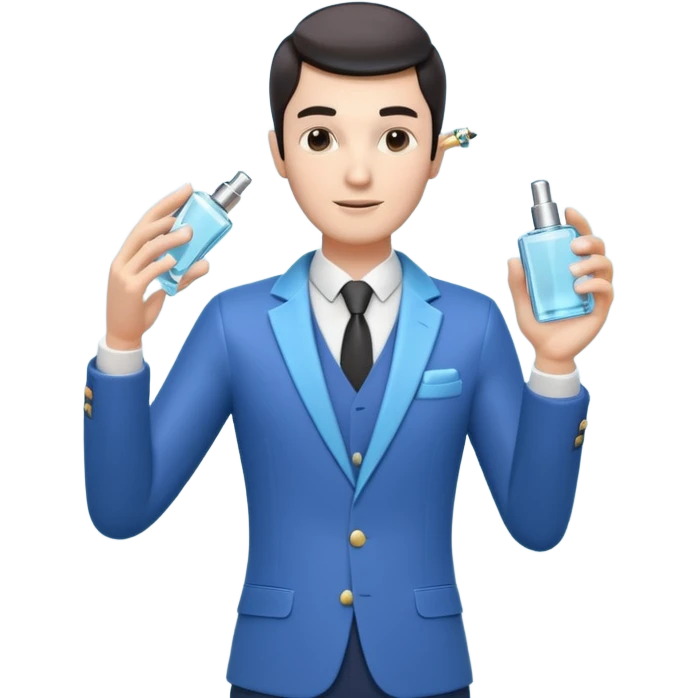 stylish man spraying perfume, holding a perfume bottle, mist spray in the air, elegant pose, 3D cartoon, mobile game icon style, clean background, no text, no watermark

 emoji