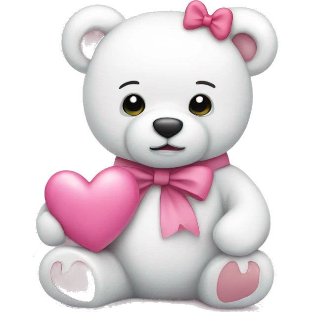 White teddy bear with pink bow holding pink heart emoji
