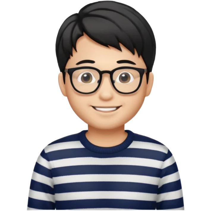 asian man with black curtains styled hair in striped sweater standing smiling and in glasses emoji