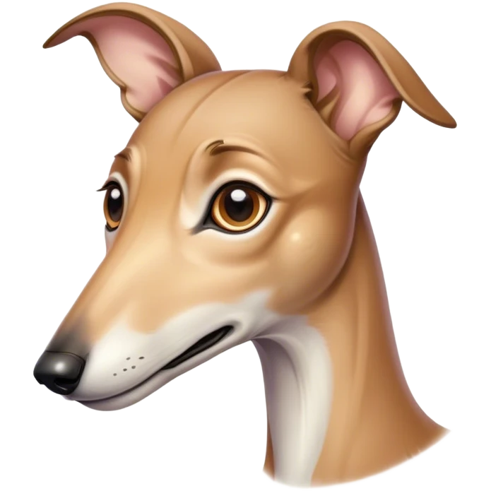 Cinematic Cute Fawn Greyhound Portrait Emoji, Head tilted playfully and inquisitively, featuring a sleek fawn Fur with a gentle sheen, round, sparkling eyes filled with curiosity, Simplified yet irresistibly adorable features, highly detailed, glowing with a warm, friendly glow, high shine, affectionate and nimble, stylized with a touch of whimsy, bright and endearing, soft glowing outline, capturing the essence of a mischievous yet loving racer, so playful it feels like it could sprint out of the screen and into your arms! emoji