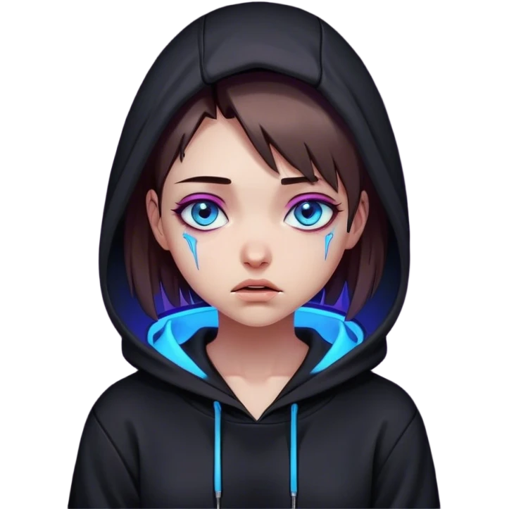 a girl with a brown bob and blue eyes in a black hoodie is crying Cyberpunk style. Violet neon. emoji