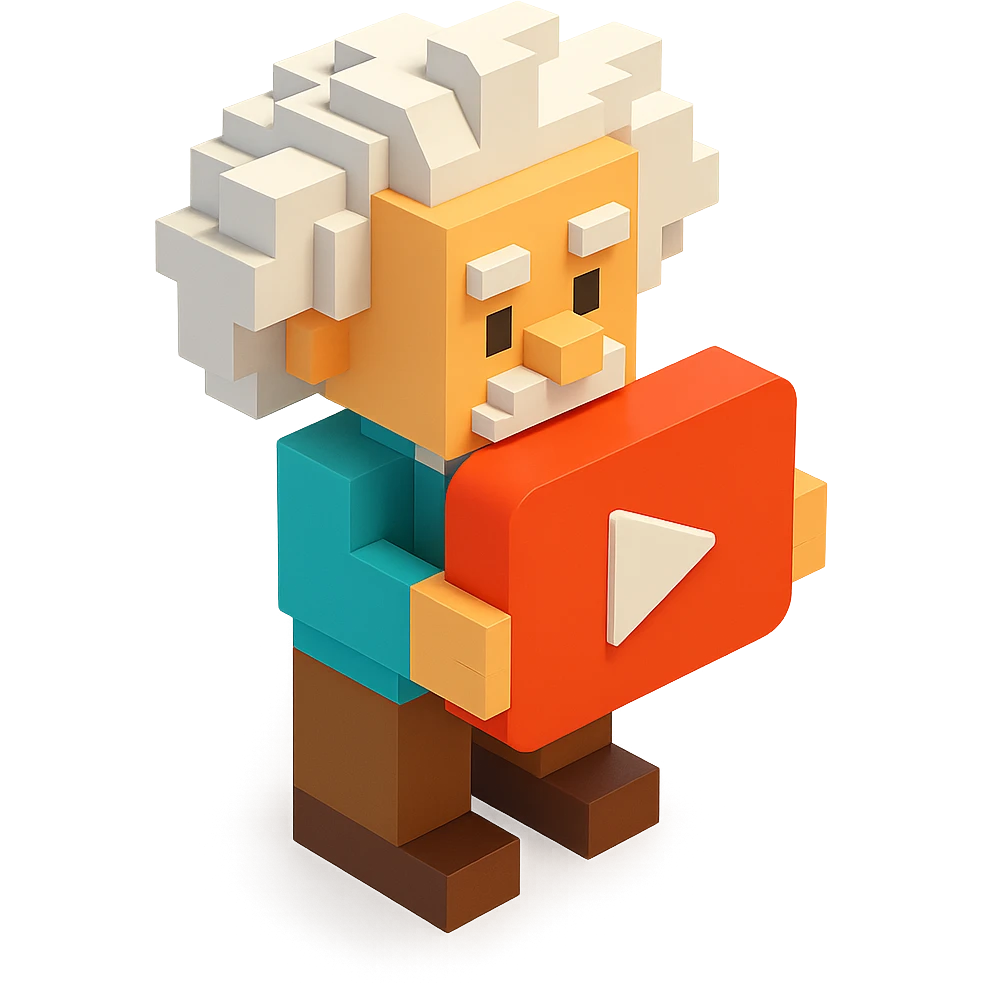 voxel style Albert Einstein holding a red YouTube play button, isometric view emoji