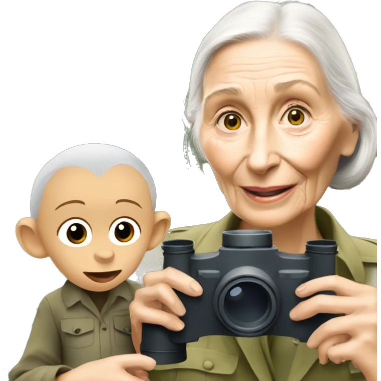 Jane Goodall with binoculars and a baby chimpanzee emoji