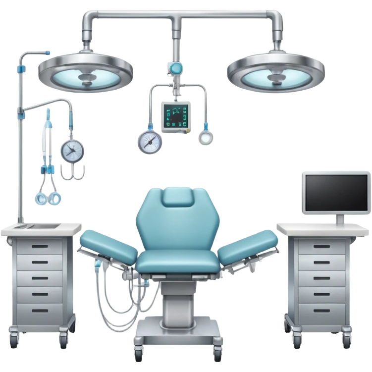 A surgical room setup with overhead lights and sterile instrument table.
 emoji