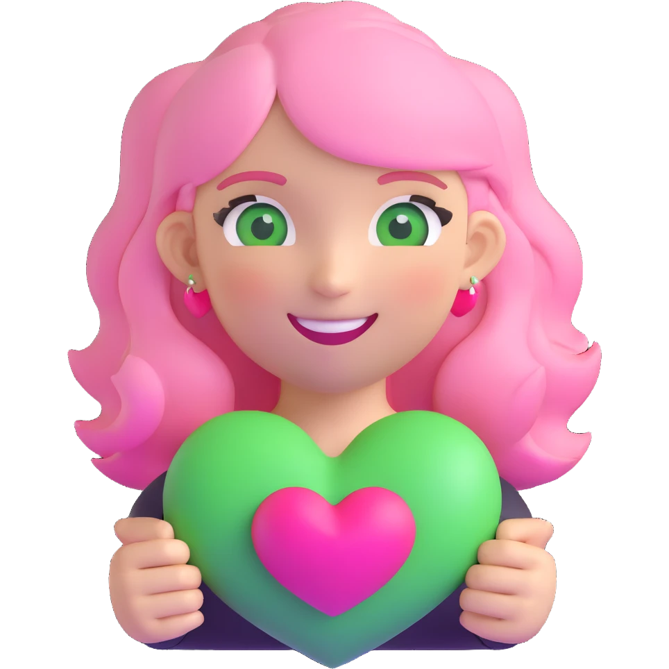 girl with pink and white hair, green eyes, smiling, holding a heart, 3D emoji style emoji