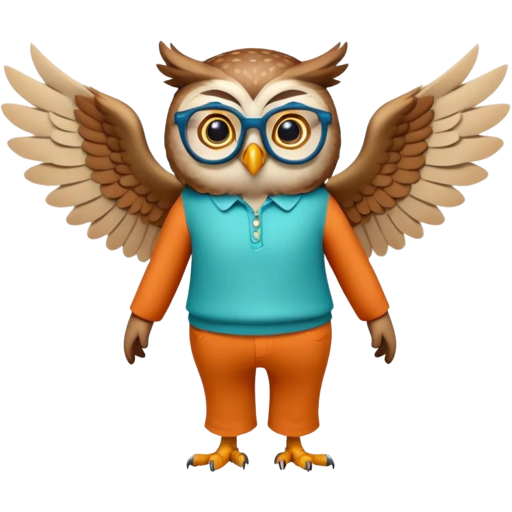 friendly anthropomorphised owl with wings instead of arms, colourful pants and shirt, wearing glasses, walking upright, unique pose 2 emoji