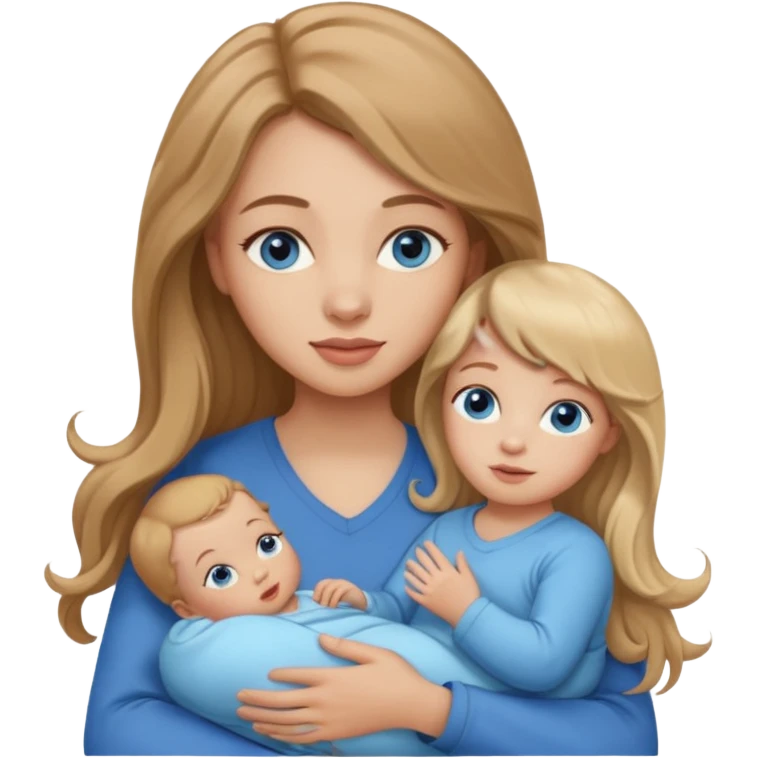 young woman with long straight light brown hair, side bangs, and blue eyes. She is holding a 1 year old baby girl with blond curly hair and blue eyes  emoji