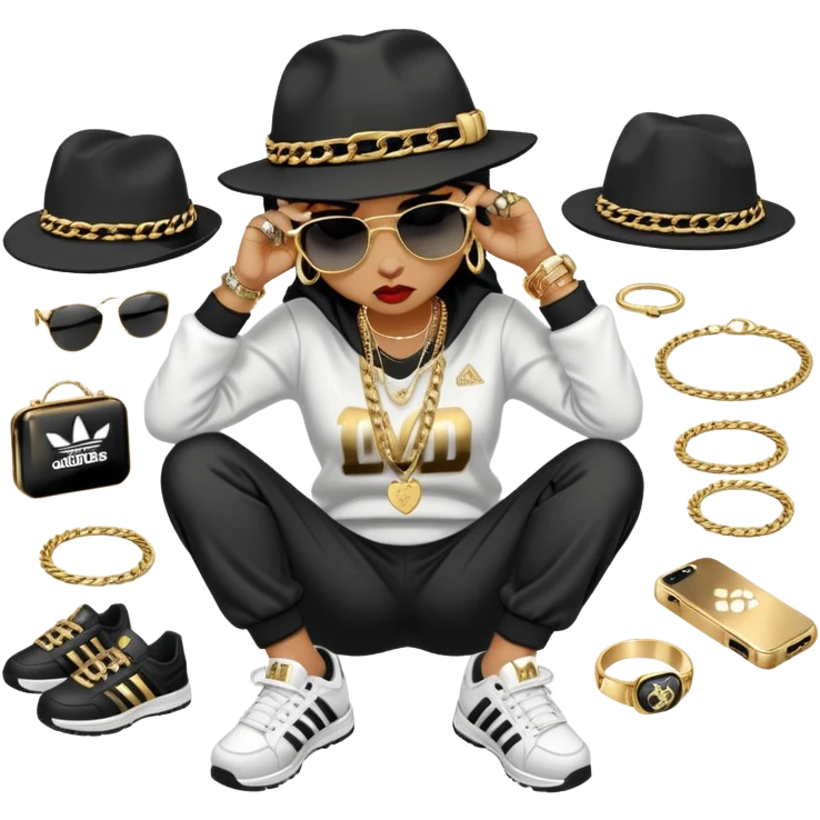 female cat wearing Run DMC hip-hop outfit with tracksuit, fedora, Adidas sneakers, dark sunglasses, many gold chains, rings, bracelets, flashy earrings, lying on the ground in distress, crying emoji