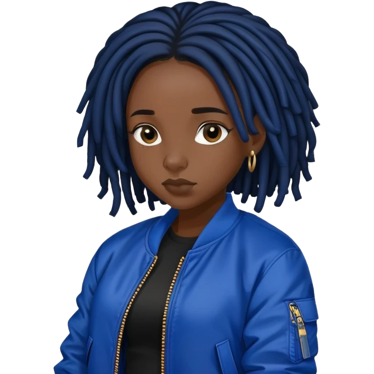 Black girl with black hair locs in black dress and royal blue bomber jacket emoji
