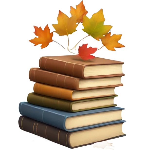  A stack of miniature books with autumn leaves scattered around. emoji